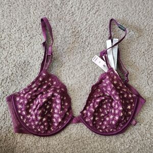 NWT Victoria's Secret Unlined Demi Mesh Luxurious Plum Lace Bra 32D